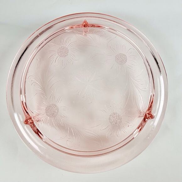 Vintage Jeanette Glass Pink Depression Glass Sunflower Footed Cake Plate - Picture 2 of 9
